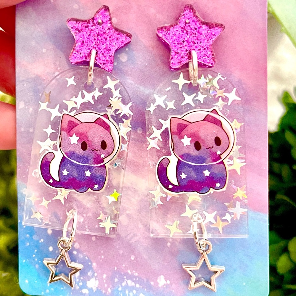Acrylic Space Cat Dangle Earrings